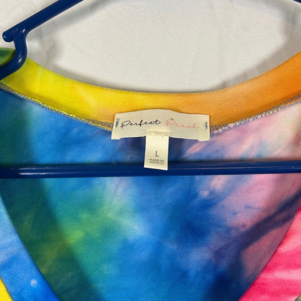 Perfect Peach Womens Large Rainbow Tie Dye V-Neck Short Sleeve T-Shirt Colorful - Picture 3 of 3